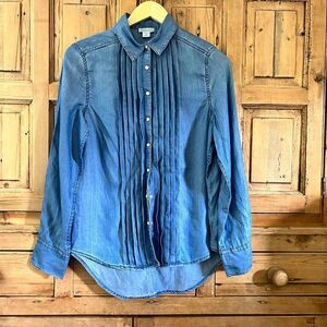 Sundance XS Blue Chambray Button‎ Front Blouse Long Sleeve Pleated Shirt Tessa